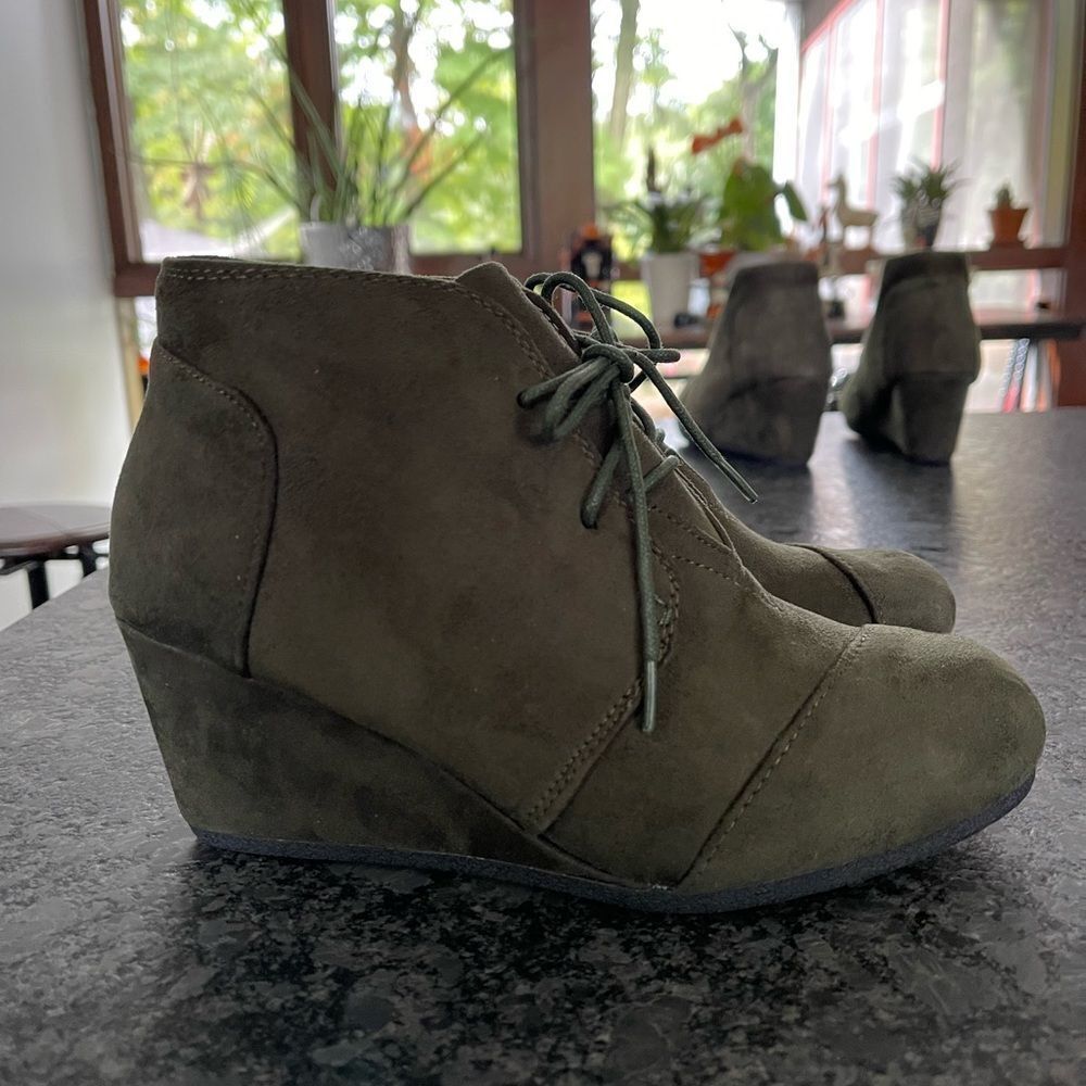 Forever Suede Ankle Booties Khaki wedge heel, tie closure, plaid lining BNWOB